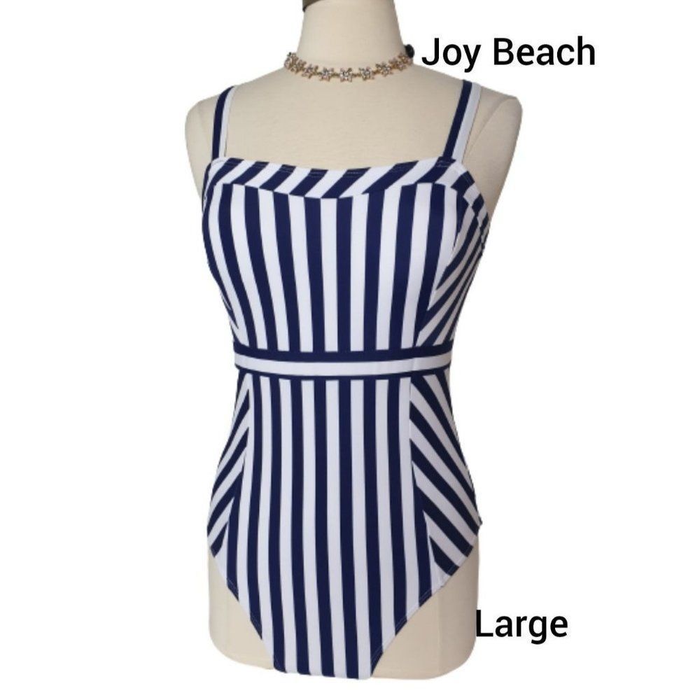 Women's Swimsuit Large Nautical Blue White Stripes Tummy Control One Piece NEW